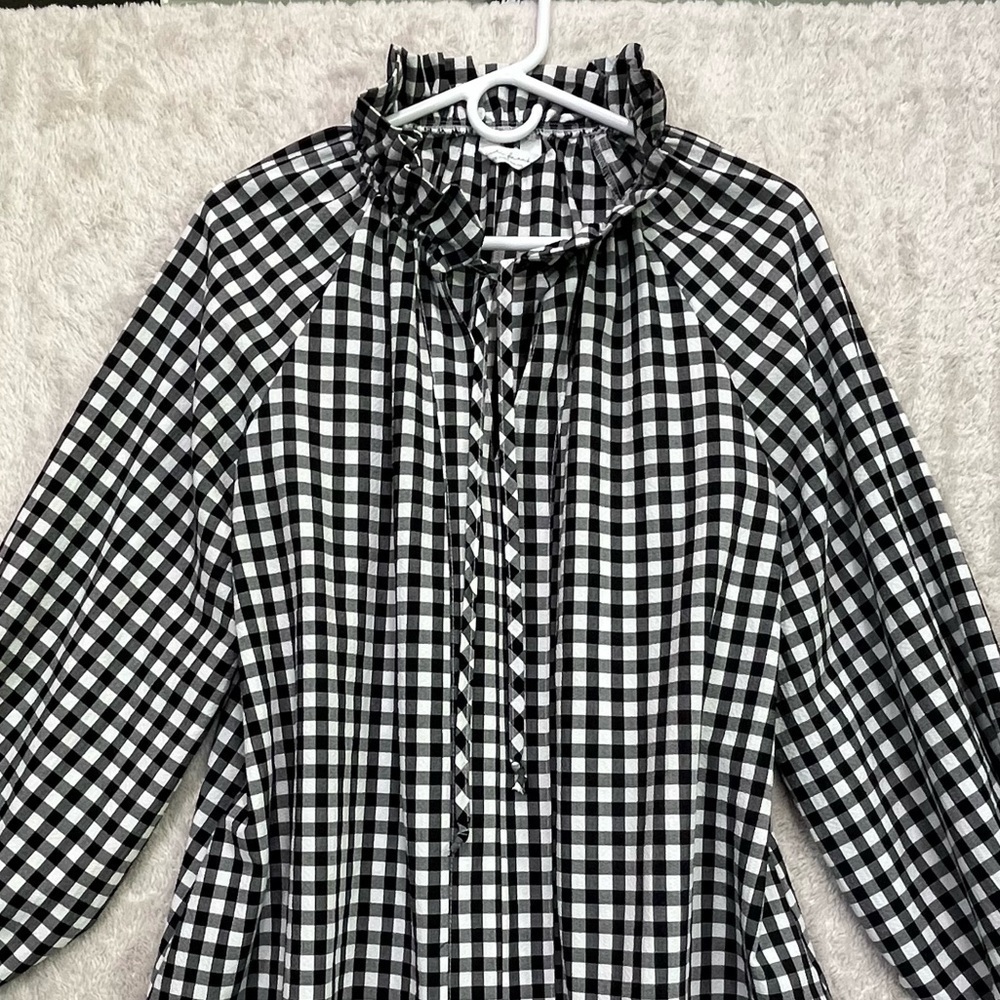 Black White Gingham Blouse Top Sz 10 Stand Collar White Chalk Heidi Frank